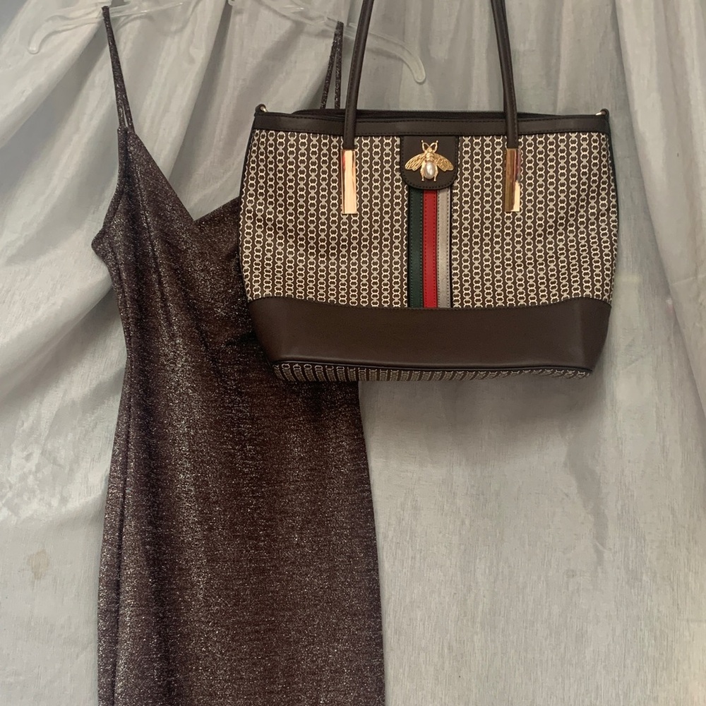 Brown Patterned Tote with Gold Bee Accent and Green-Red Stripe